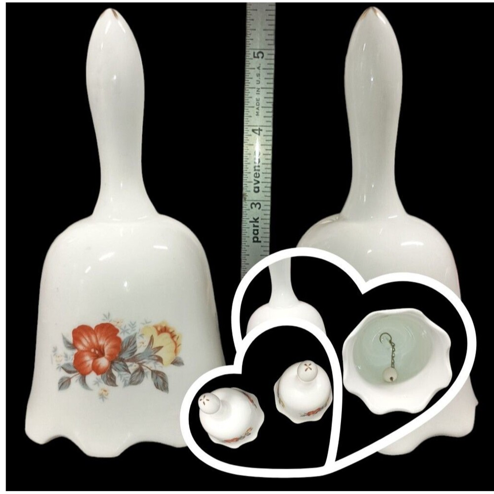 Lot of 2 Matching Vintage Ceramic School Church Curio Bells Floral Design 1980s